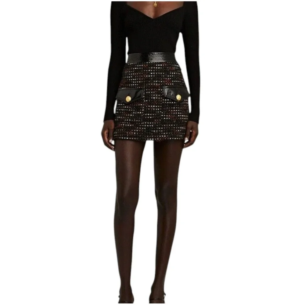 Veronica Beard Lucy Tweed Mini Skirt Black Multi‎ Metallic Gold Crest Buttons 0